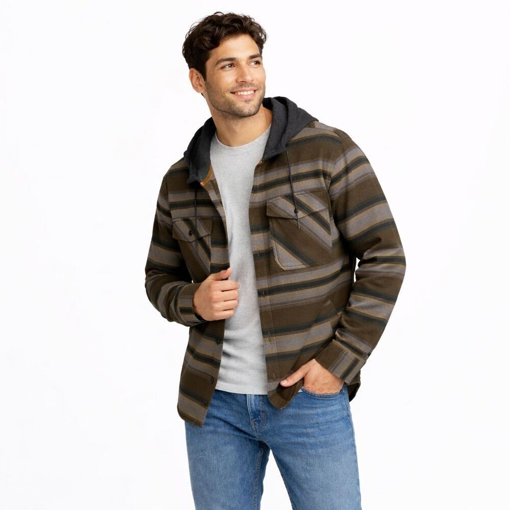 Quiksilver Mens Hooded Shirt Jacket Flannel Brown Olive Stripe Snap Front NWT